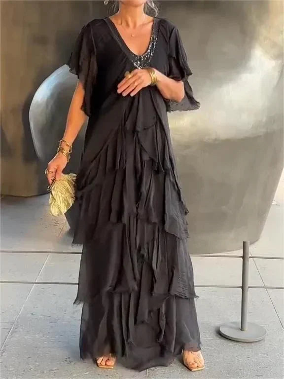 Blaise - Robe Maxi à Manches Courtes Volantes et Décolleté en V